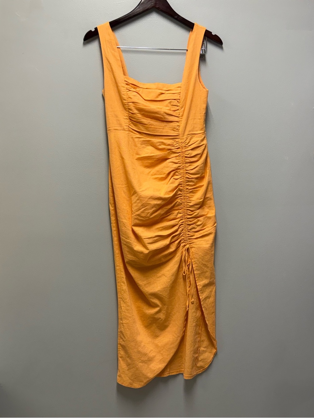 MABLE Marigold Orange Ruched Midi Dress with Asymmetrical Slit – Size M
